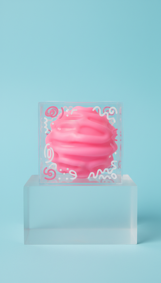 Chewy pink squeeze ball set in acrylic box